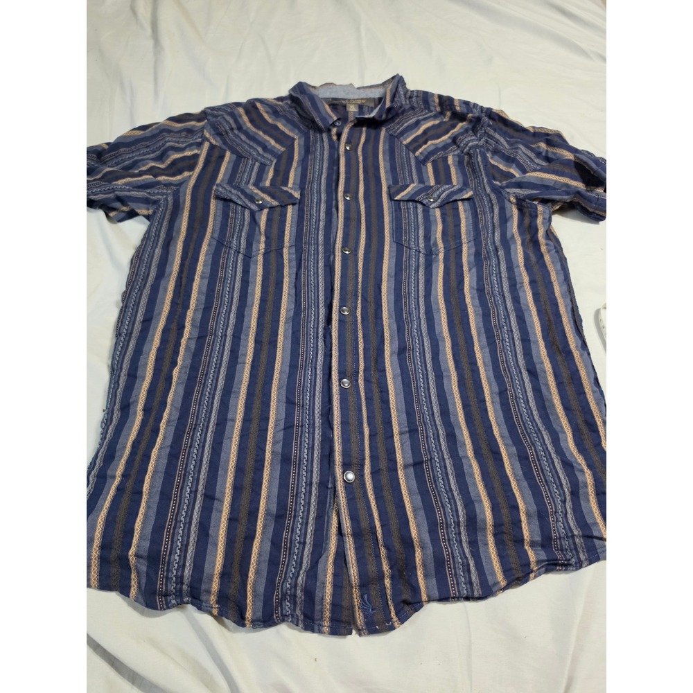 Cody James Mens XL Blue Striped Western‎ Short Sleeve Pearl Snap Shirt Cowboy